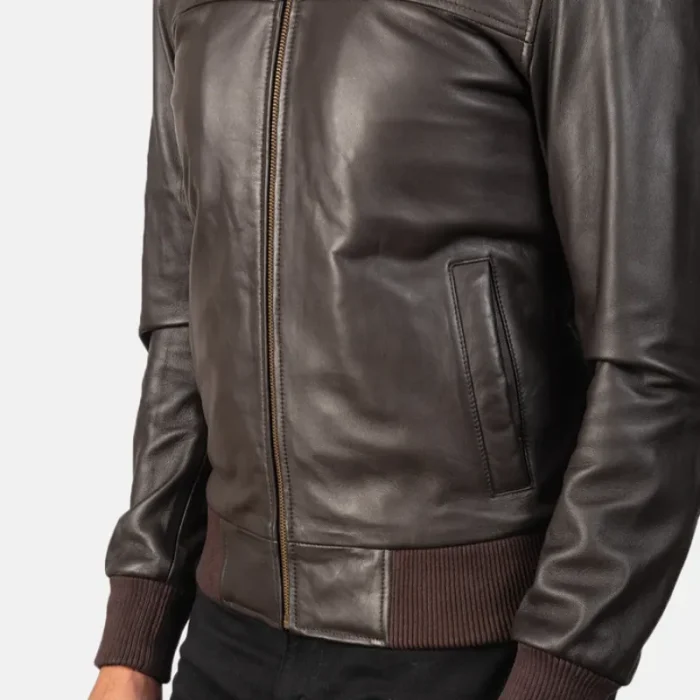 Air Rolf Brown Men'S Bomber Leather Jacket Close-Up