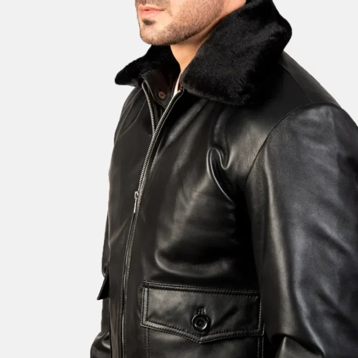 Black Men'S Leather Bomber Jacket Close Up