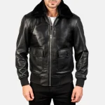 Black Men's Leather Bomber Jacket Front Look