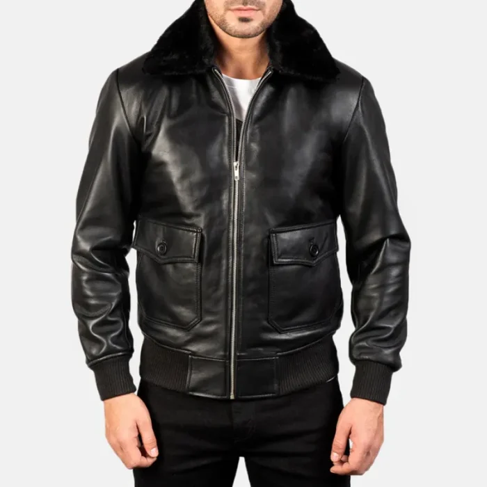 Black Men'S Leather Bomber Jacket Front Look