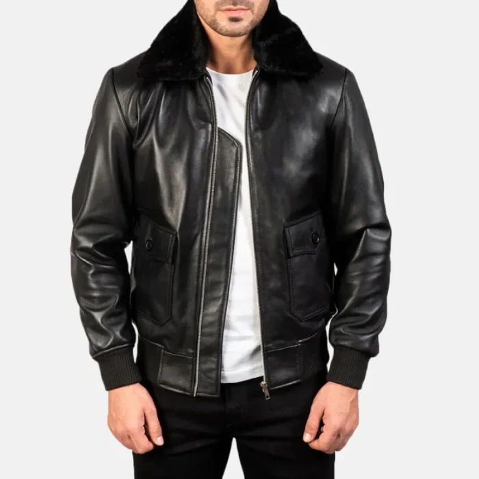 Men'S Black Leather Bomber Jacket