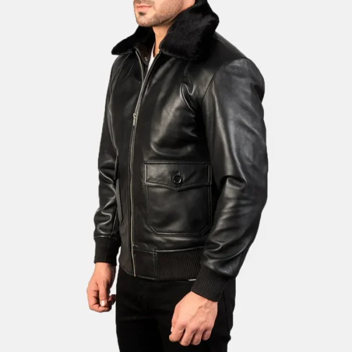 Black Men'S Leather Bomber Jacket Side