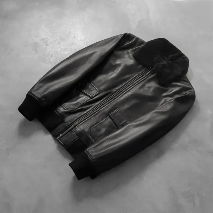 Black Men'S Leather Bomber Jacket Front