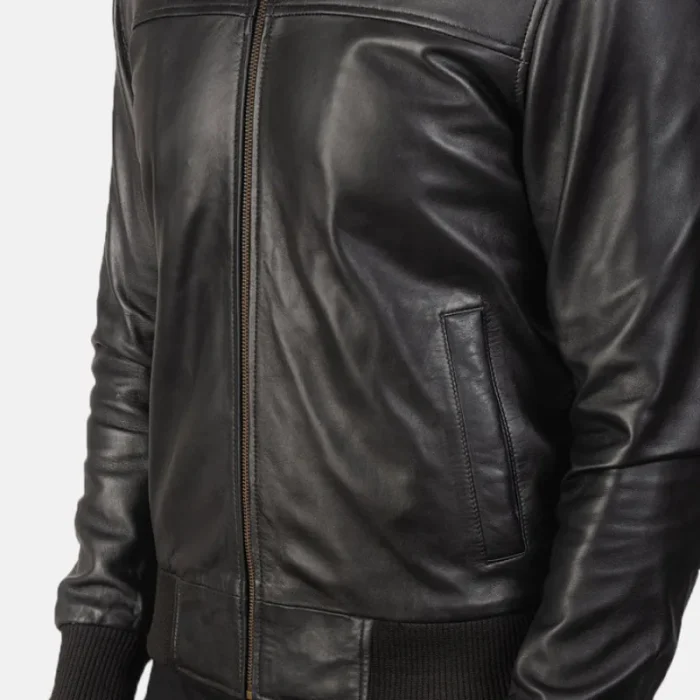 Air Rolf Black Men'S Leather Bomber Jacket Close-Up View