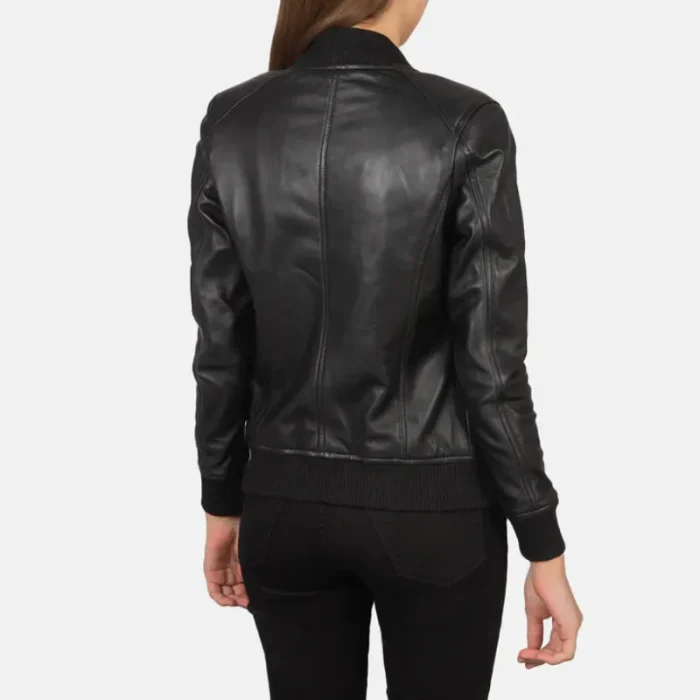 Women'S Black Leather Bomber Jacket Back