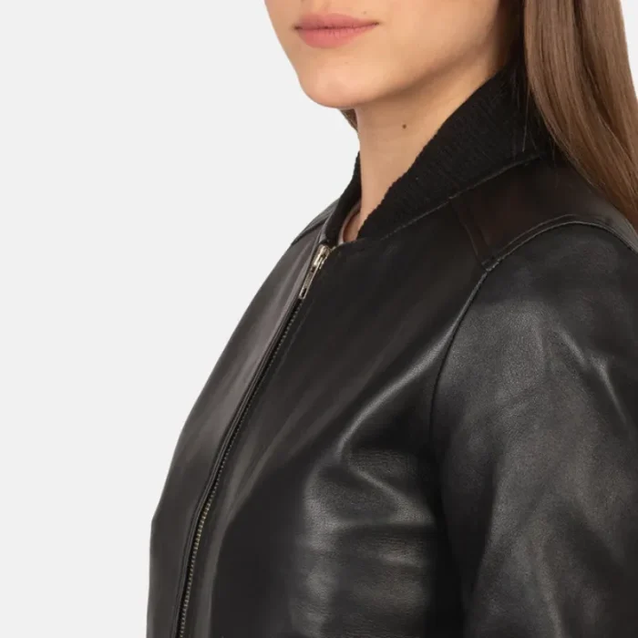 Women'S Black Leather Bomber Jacket Close Up