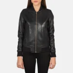 Women's Black Leather Bomber Jacket Front