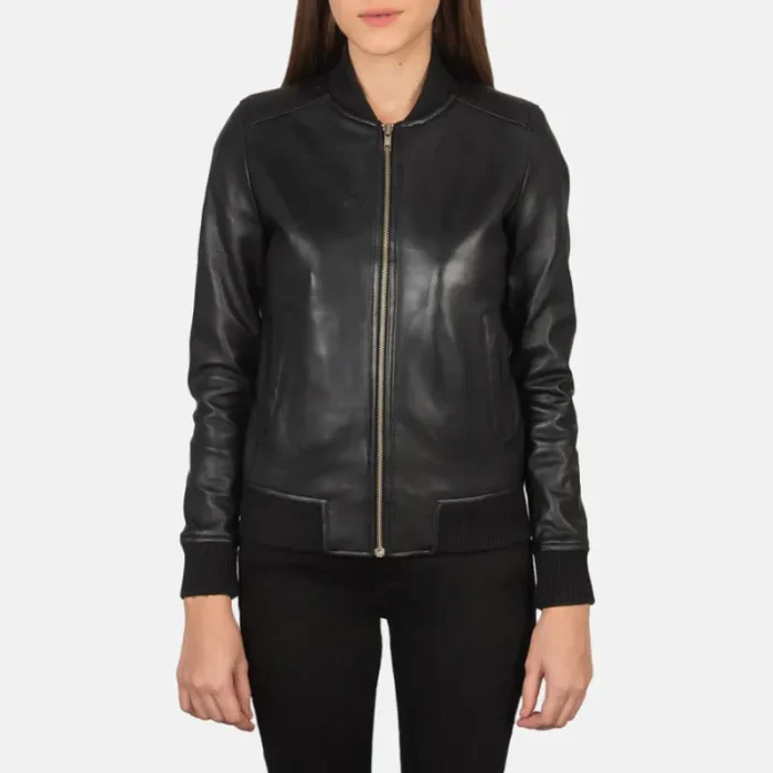 Women'S Black Leather Bomber Jacket Front