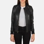 Women's Black Leather Bomber Jacket
