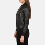 Women's Black Leather Bomber Jacket Side