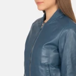 Women's Blue Sheepskin Leather Bomber Jacket Close-up