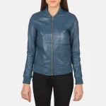 Women's Blue Sheepskin Leather Bomber Jacket Front