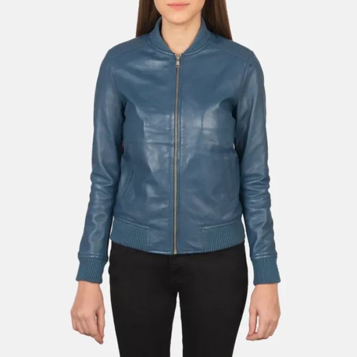 Women'S Blue Sheepskin Leather Bomber Jacket Front