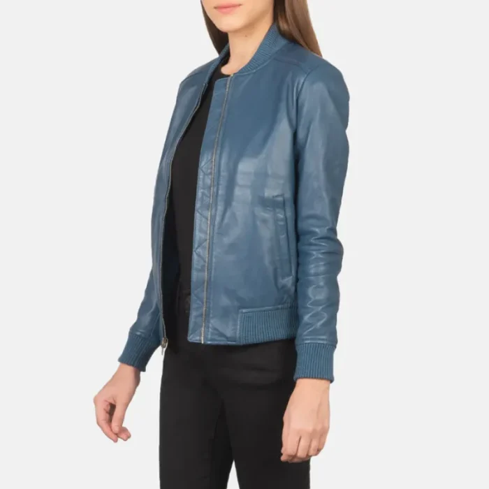 Women'S Blue Sheepskin Leather Bomber Jacket Side