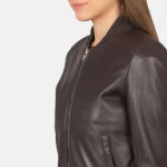 Women's Maroon Leather Bomber Jacket Close-up