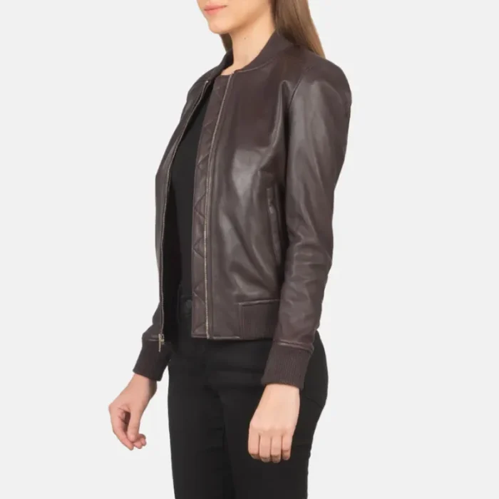 Women'S Maroon Leather Bomber Jacket Side