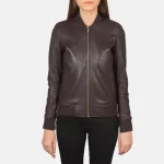 Women's Maroon Leather Bomber Jacket Front