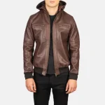 Men's Brown Hooded Real Leather Bomber Jacket