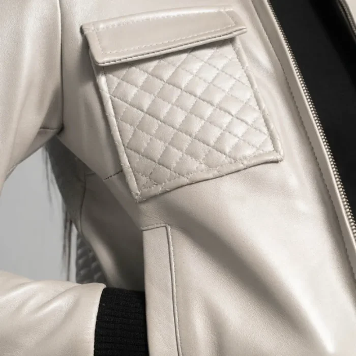 Women'S Silver Sheepskin Leather Bomber Jacket Close-Up View