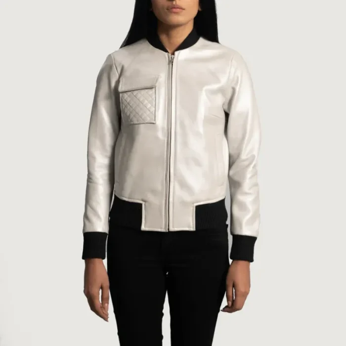 Women'S Silver Sheepskin Leather Bomber Jacket Front