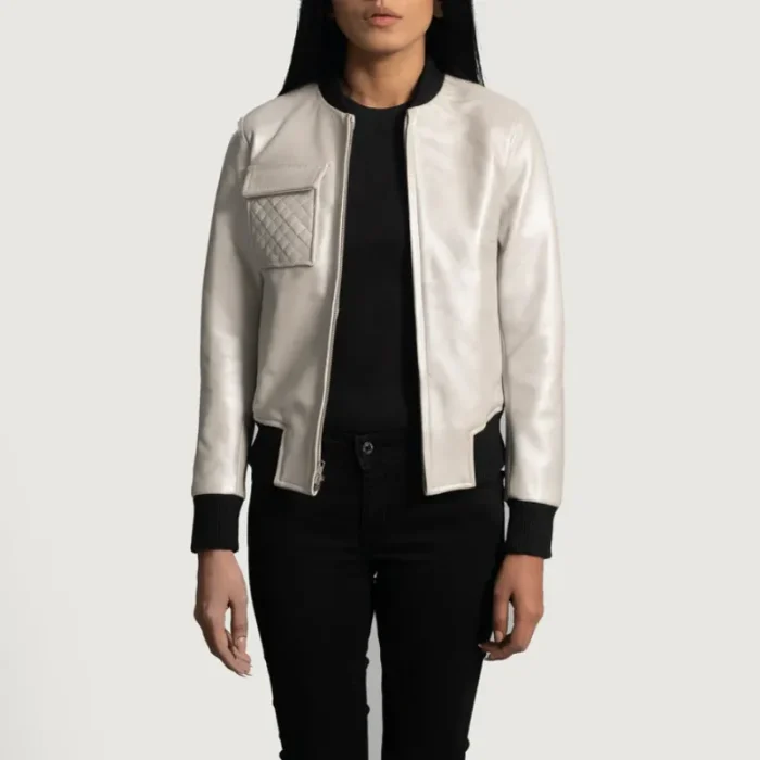 Women'S Silver Sheepskin Leather Bomber Jacket