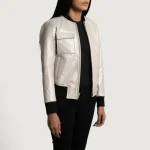 Women's Silver Sheepskin Leather Bomber Jacket Side