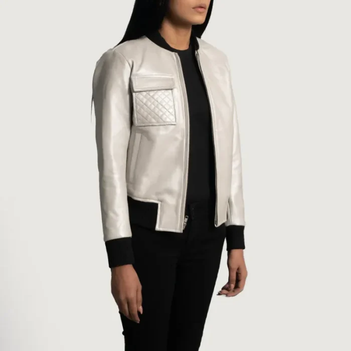 Women'S Silver Sheepskin Leather Bomber Jacket Side