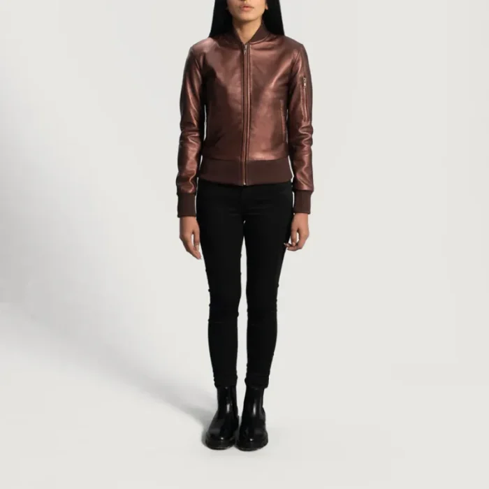 Women'S Reida Maroon Leather Bomber Jacket View