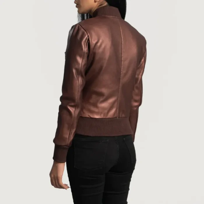 Women'S Reida Maroon Leather Bomber Jacket Back