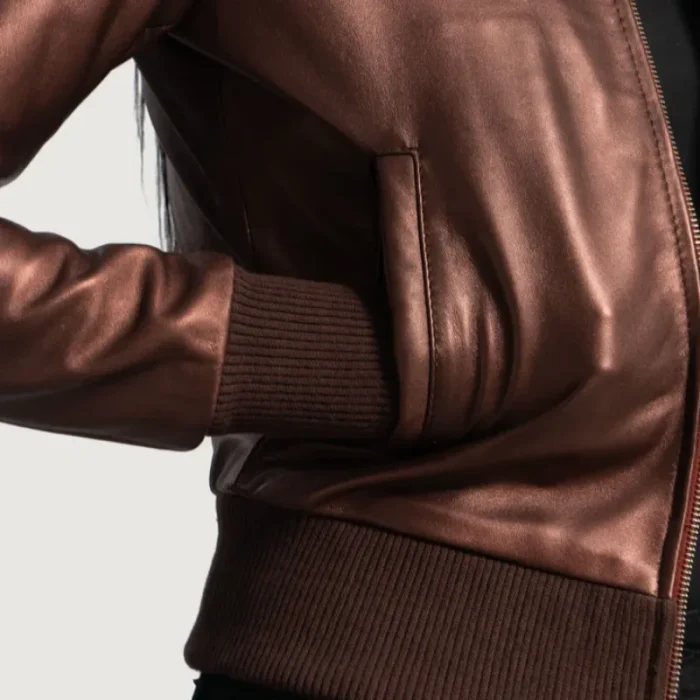 Women'S Reida Maroon Leather Bomber Jacket Close-Up