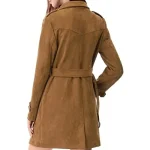 Women's Brown Double Breasted Faux Suede Leather Trench Coat Back