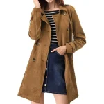 Women's Brown Double Breasted Faux Suede Leather Trench Coat