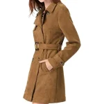Women's Brown Double Breasted Faux Suede Leather Trench Coat Side