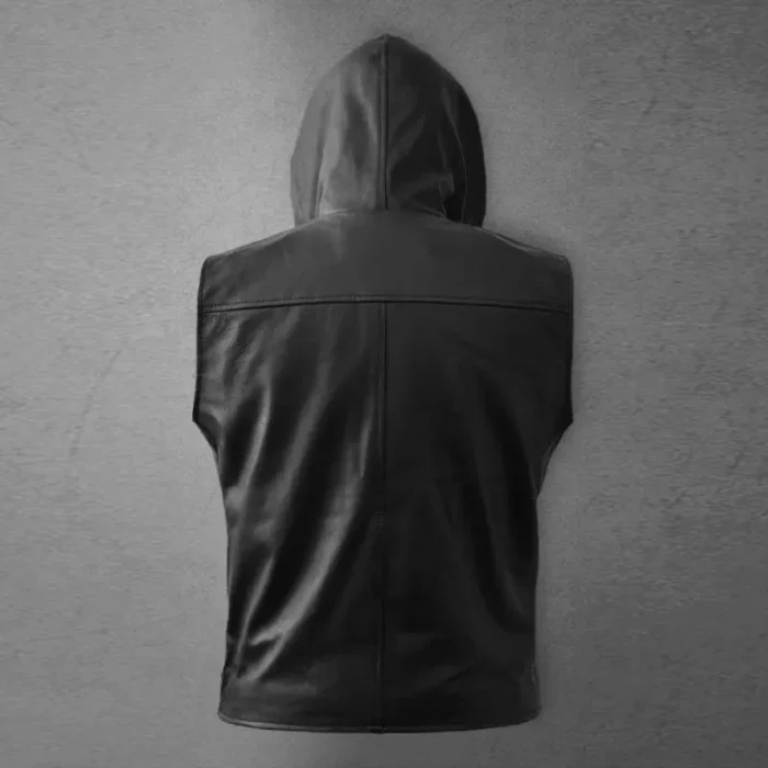 Black Asymmetrical Biker Mc Club Leather Hooded Vest Back View