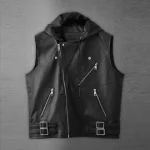 Black Asymmetrical Biker MC Club Leather Hooded Vest Front View