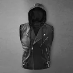 Black Asymmetrical Biker MC Club Leather Hooded Vest