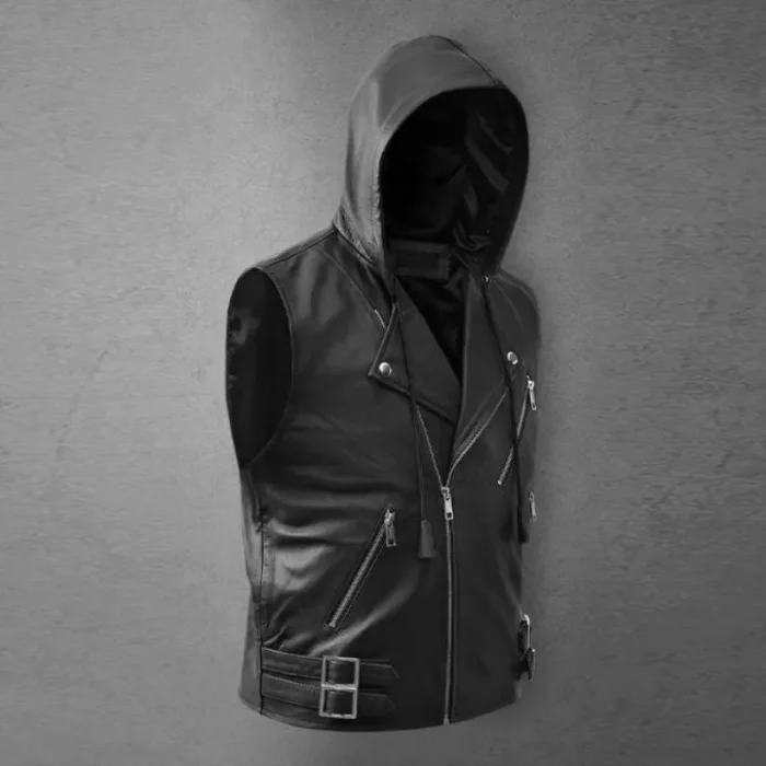 Black Asymmetrical Biker Mc Club Leather Hooded Vest Side View