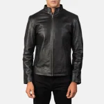 Black Cowhide Leather Biker Jacket For Men