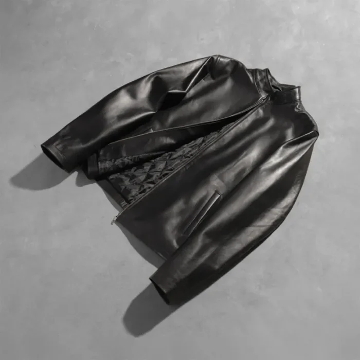 Black Cowhide Leather Biker Jacket For Men