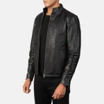 Black Cowhide Leather Biker Jacket For Men