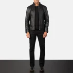 Black Cowhide Leather Biker Jacket For Men