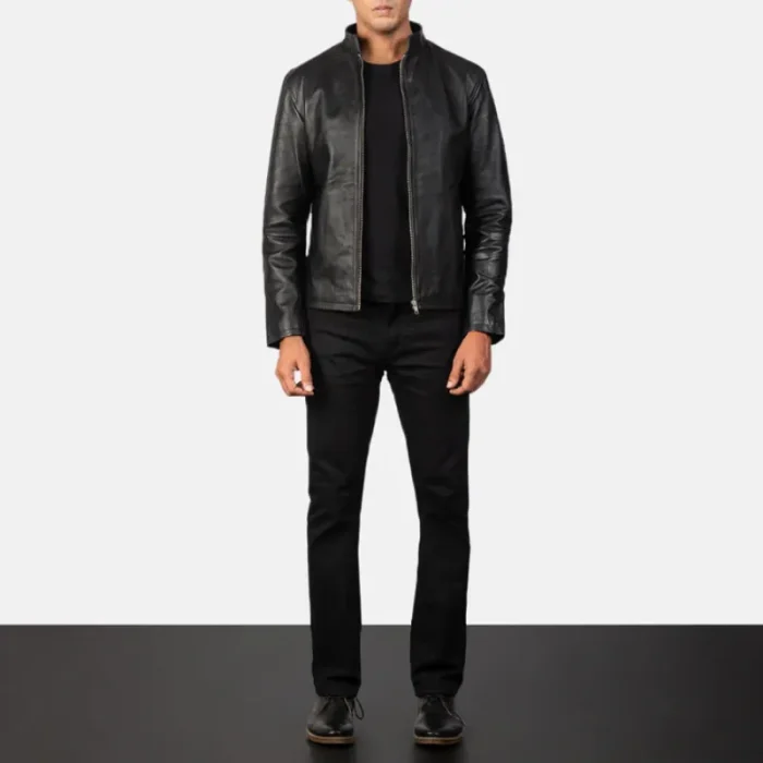Black Cowhide Leather Biker Jacket For Men
