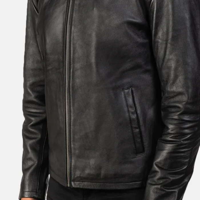Black Cowhide Leather Biker Jacket For Men