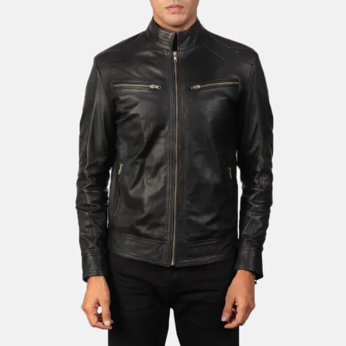 Black Goatskin Leather Biker Jacket For Men