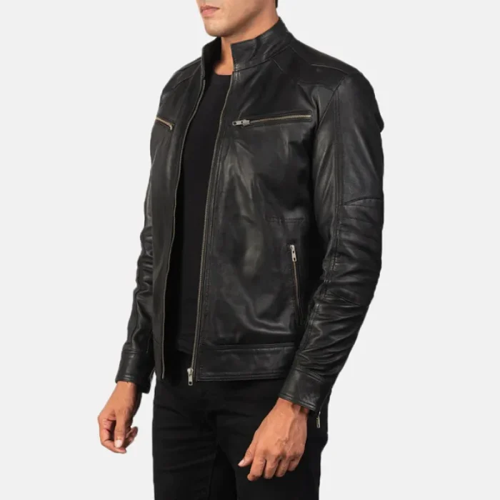 Black Goatskin Leather Biker Jacket For Men