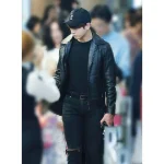 Black Jungkook Leather Jacket Wearing View