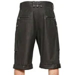 Black Leather Cargo Shorts with Zipper Pockets Back