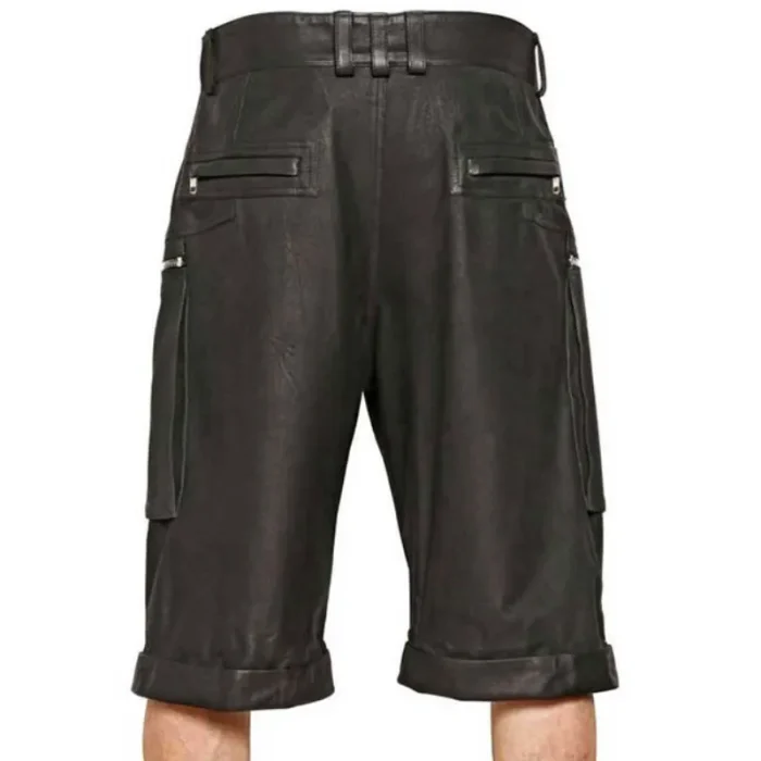 Black Leather Cargo Shorts With Zipper Pockets Back