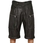 Black Leather Cargo Shorts with Zipper Pockets