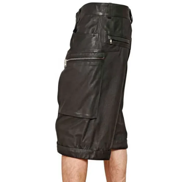 Black Leather Cargo Shorts With Zipper Pockets Side